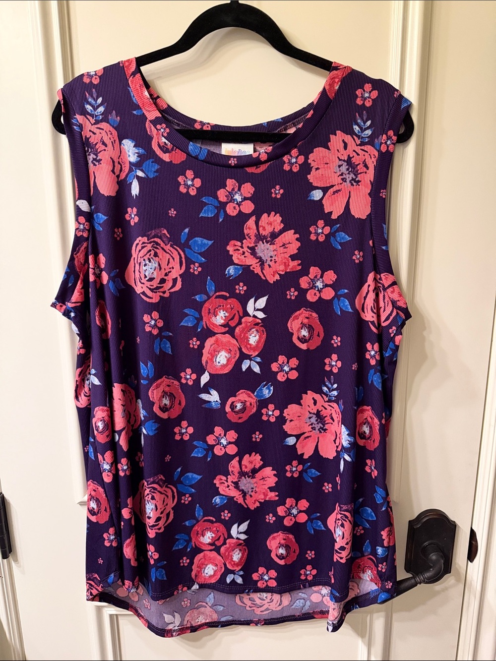 LuLaRoe Sleeveless Floral Cocoa Top - Purple with Pink & Blue Flowers